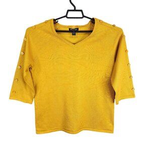 Womens Yellow BYdesign Blouse Top V Neck 3/4 Sleeve Button Accents Size XL